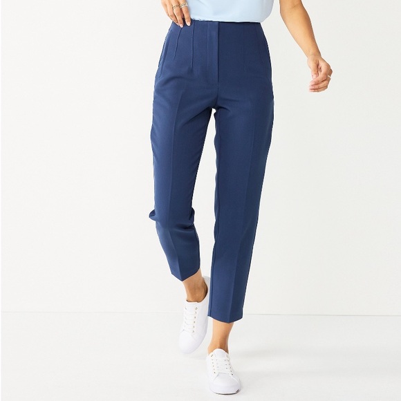 Women's Nine West High Rise Straight Leg Trousers in Navy Windowpane - Picture 1 of 11